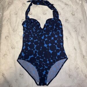 Boden Blue Circle Polka Dot Print Halter One-Piece Swimsuit Size 12